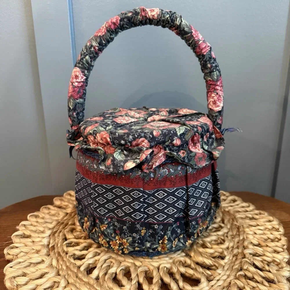 Vintage Floral Padded Sewing Box Basket Hinged Handle Round Blue Lined Grandma